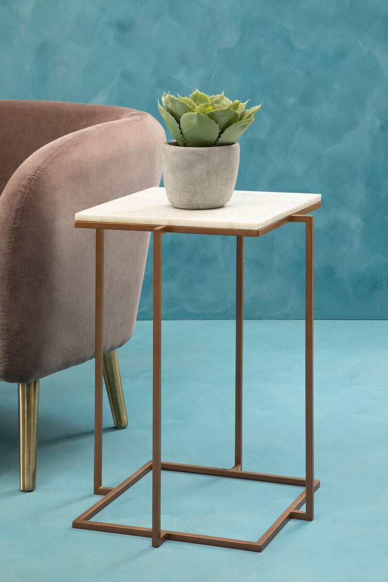 White Marble Top Side Table With Gold Iron Legs, Shalimar