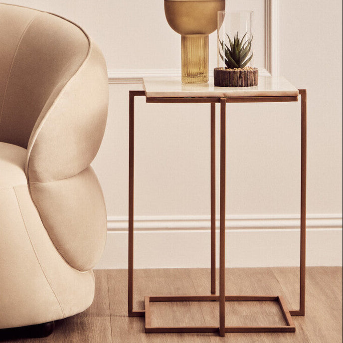 White Marble Top Side Table With Gold Iron Legs, Shalimar