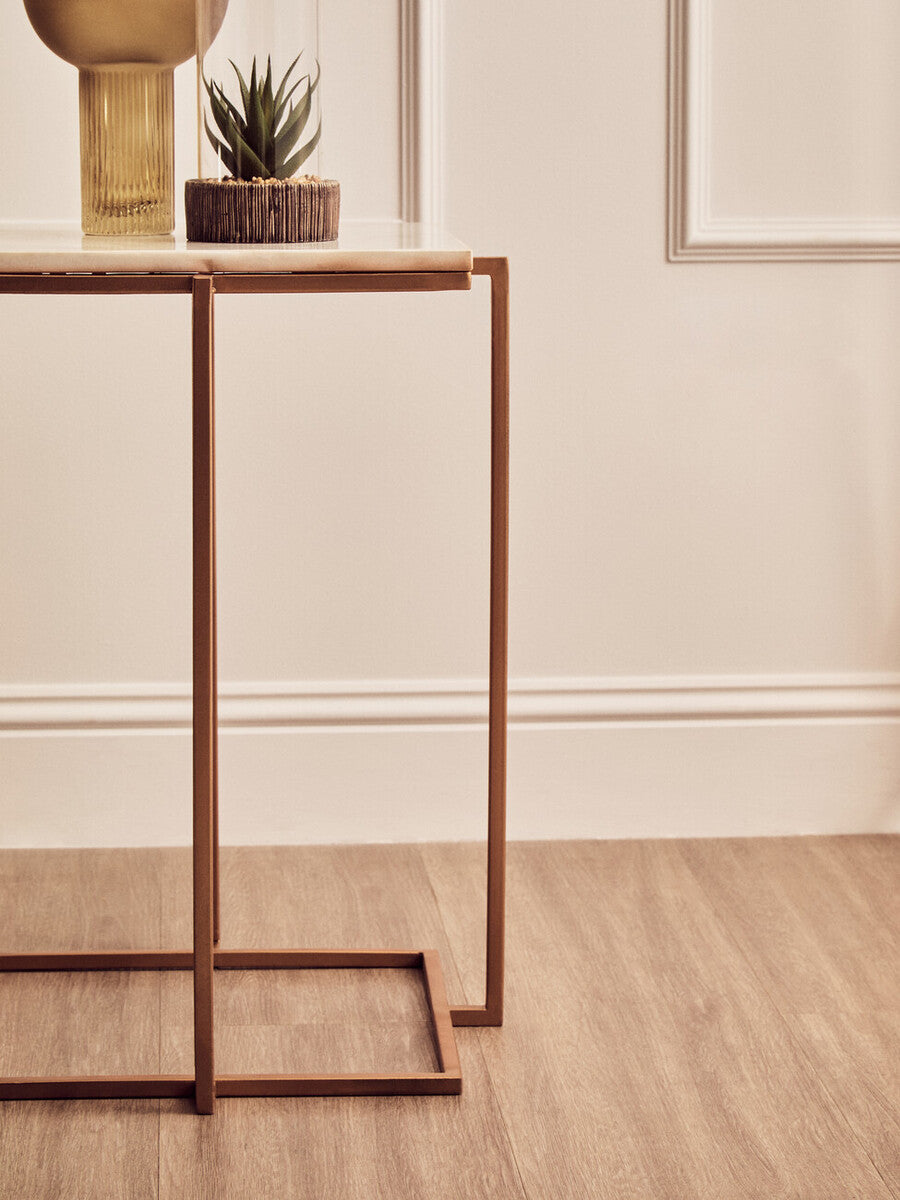 White Marble Top Side Table With Gold Iron Legs, Shalimar