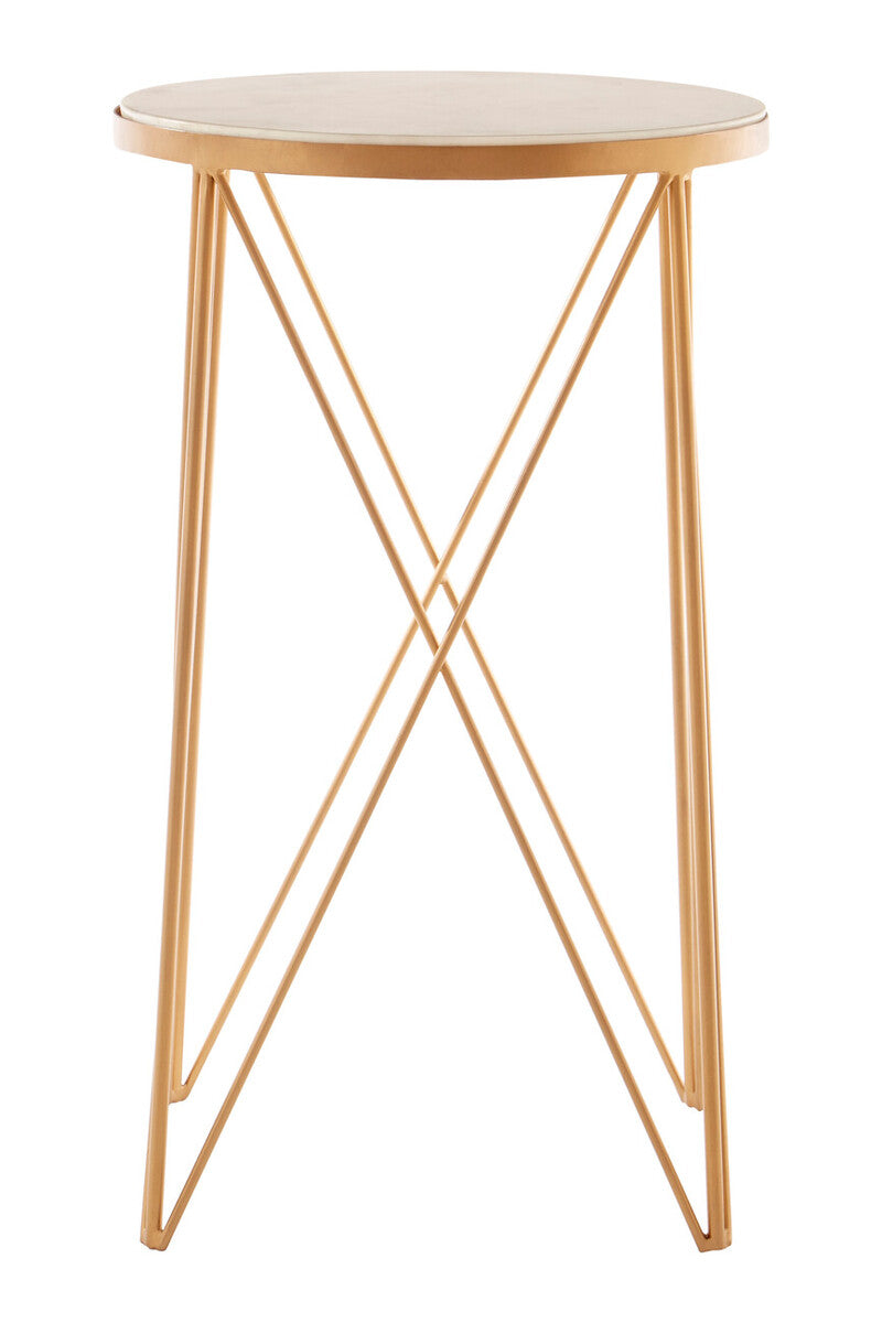 White Round Marble Top Boutique Style Side Table With Gold Latticed Legs, Shalimar