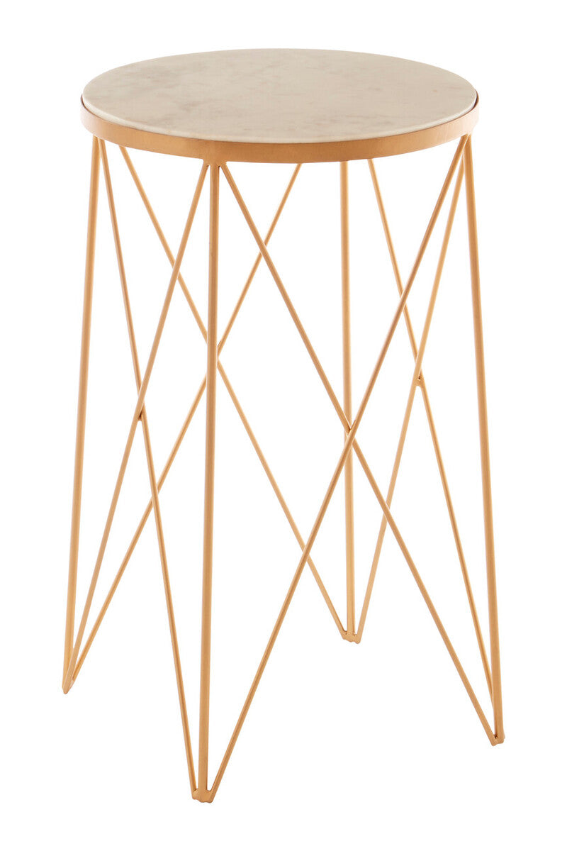 White Round Marble Top Boutique Style Side Table With Gold Latticed Legs, Shalimar