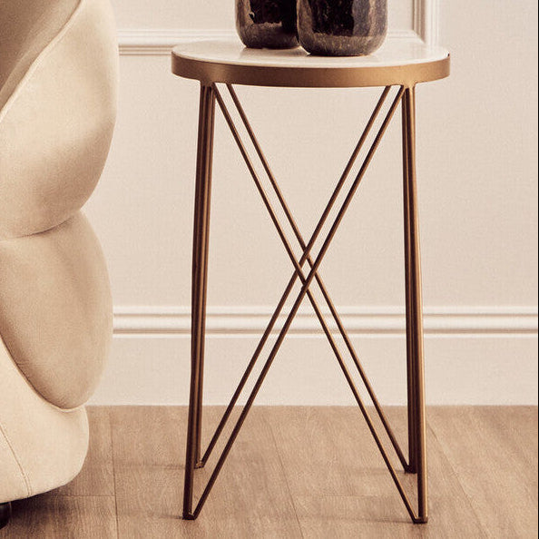 White Round Marble Top Boutique Style Side Table With Gold Latticed Legs, Shalimar