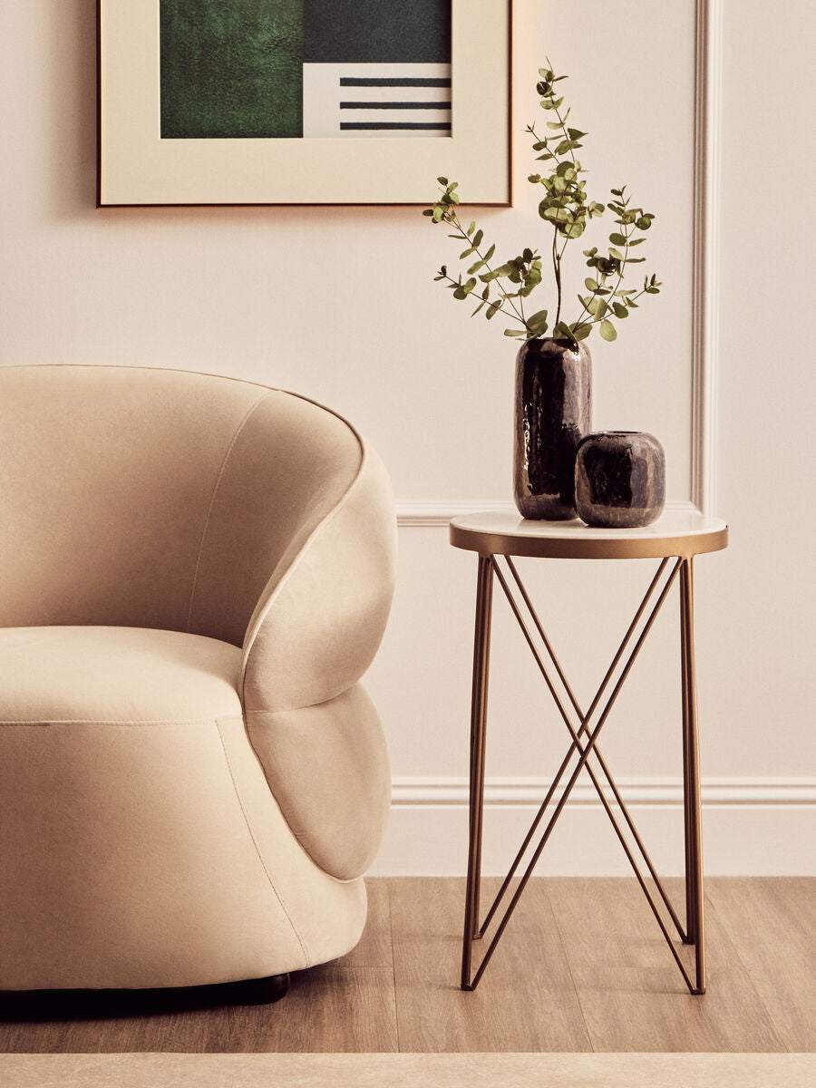 White Round Marble Top Boutique Style Side Table With Gold Latticed Legs, Shalimar