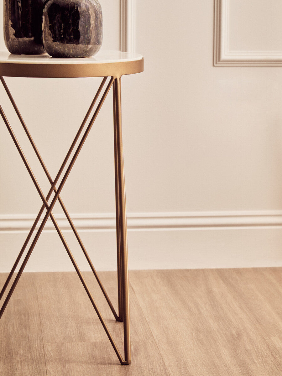 White Round Marble Top Boutique Style Side Table With Gold Latticed Legs, Shalimar