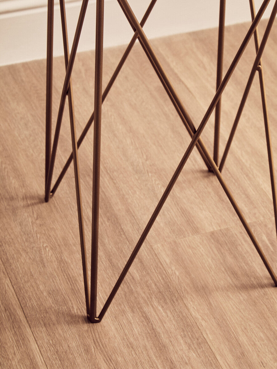 White Round Marble Top Boutique Style Side Table With Gold Latticed Legs, Shalimar