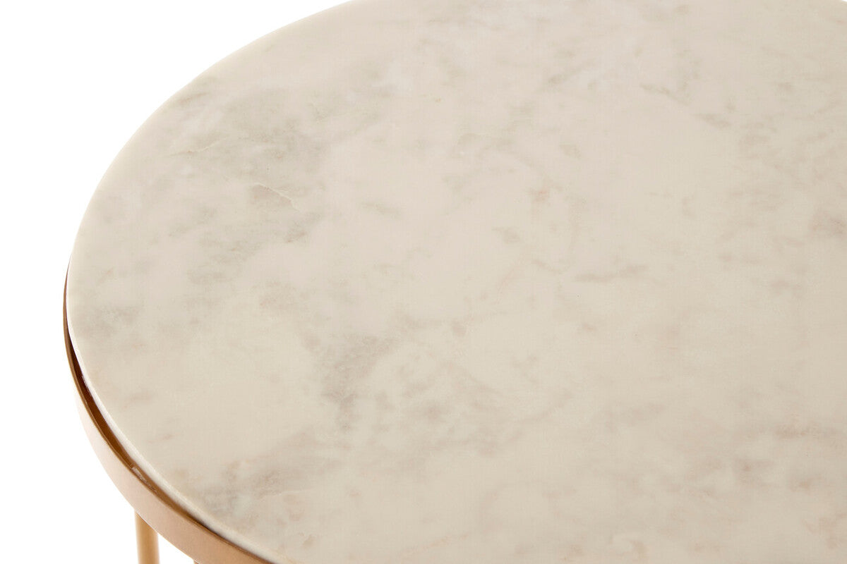 White Round Marble Top Boutique Style Side Table With Gold Latticed Legs, Shalimar
