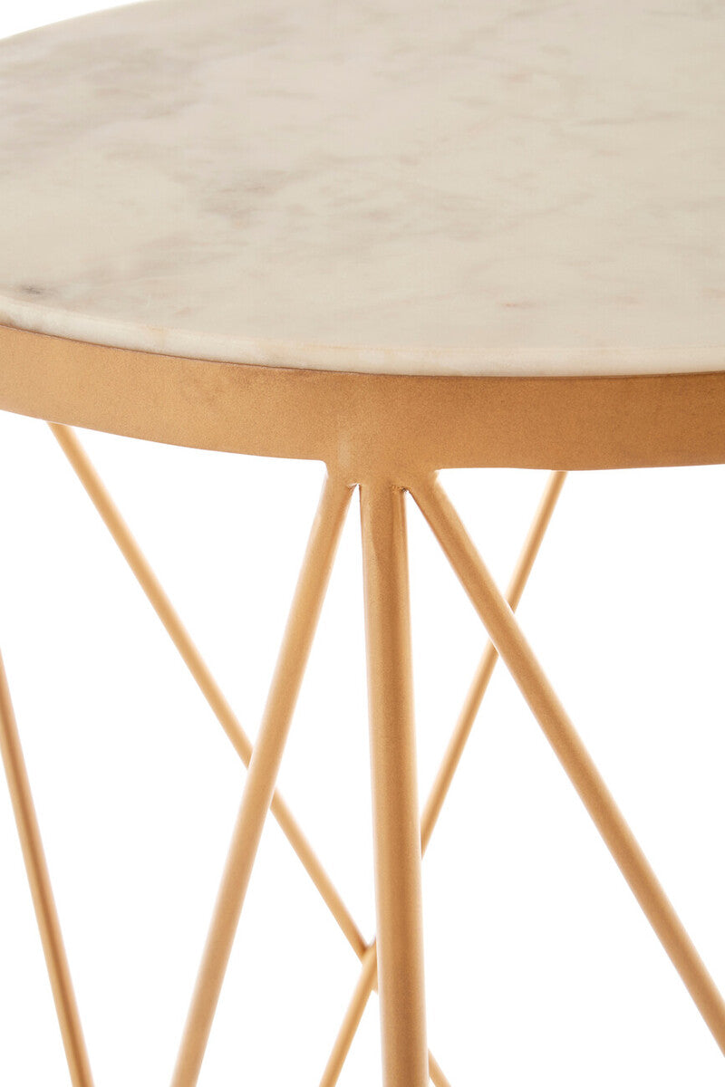 White Round Marble Top Boutique Style Side Table With Gold Latticed Legs, Shalimar