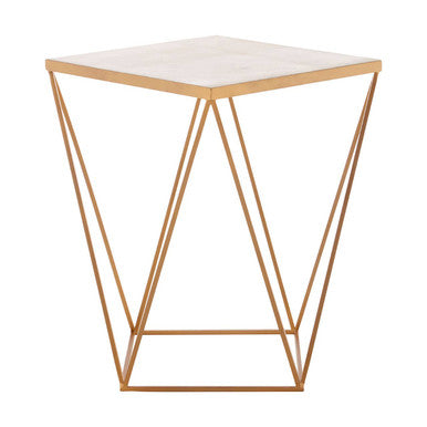 Natural Round Marble Top Side Table With Geometric Gold Metal Base, Shalimar