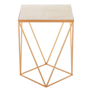 Natural Round Marble Top Side Table With Geometric Gold Metal Base, Shalimar