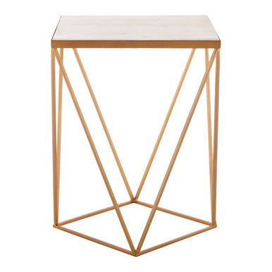 Natural Round Marble Top Side Table With Geometric Gold Metal Base, Shalimar