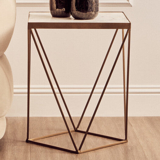 Natural Round Marble Top Side Table With Geometric Gold Metal Base, Shalimar