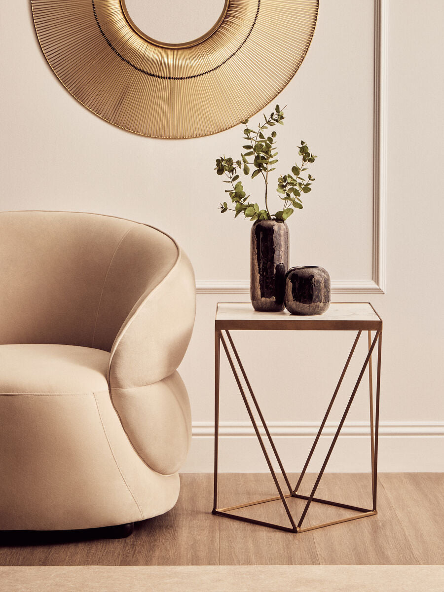 Natural Round Marble Top Side Table With Geometric Gold Metal Base, Shalimar