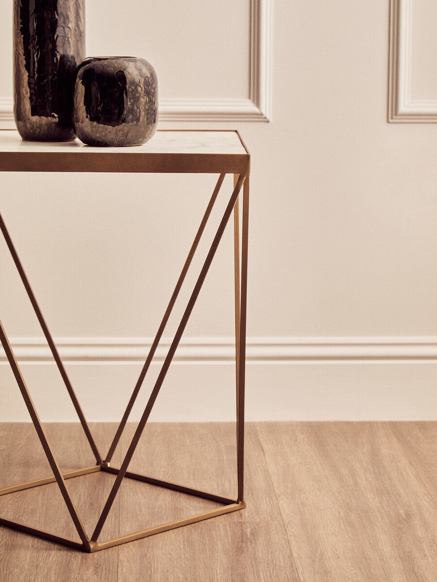 Natural Round Marble Top Side Table With Geometric Gold Metal Base, Shalimar