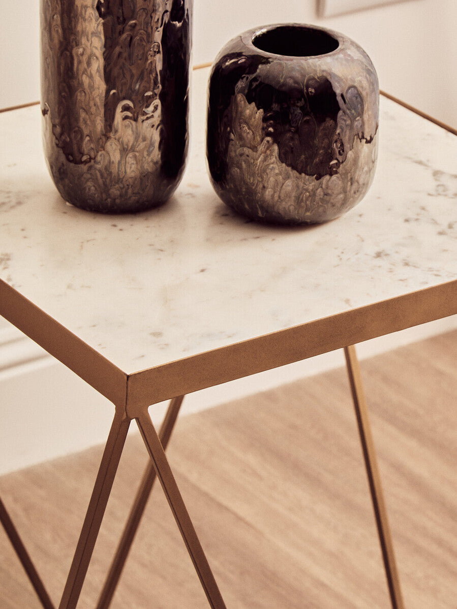 Natural Round Marble Top Side Table With Geometric Gold Metal Base, Shalimar