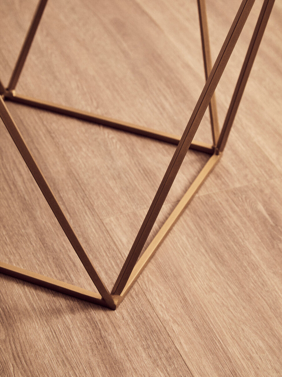 Natural Round Marble Top Side Table With Geometric Gold Metal Base, Shalimar
