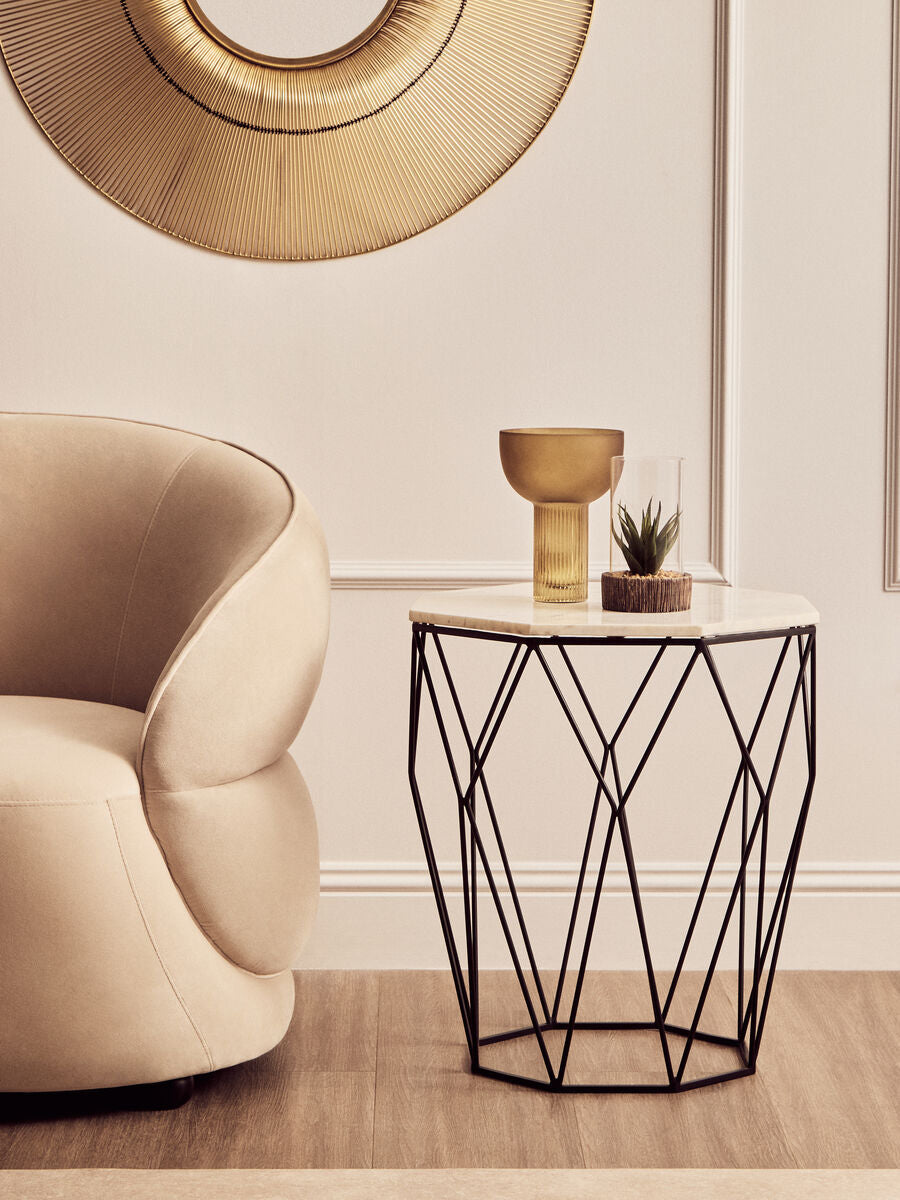 Natural White Octagon Marble Top & Matte Black Steel Legs Side Table, Shalimar