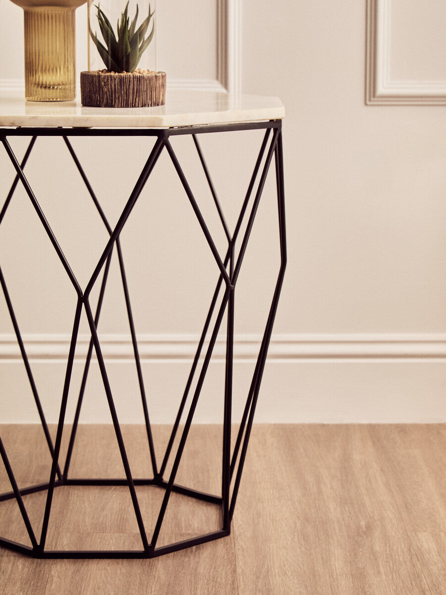 Natural White Octagon Marble Top & Matte Black Steel Legs Side Table, Shalimar