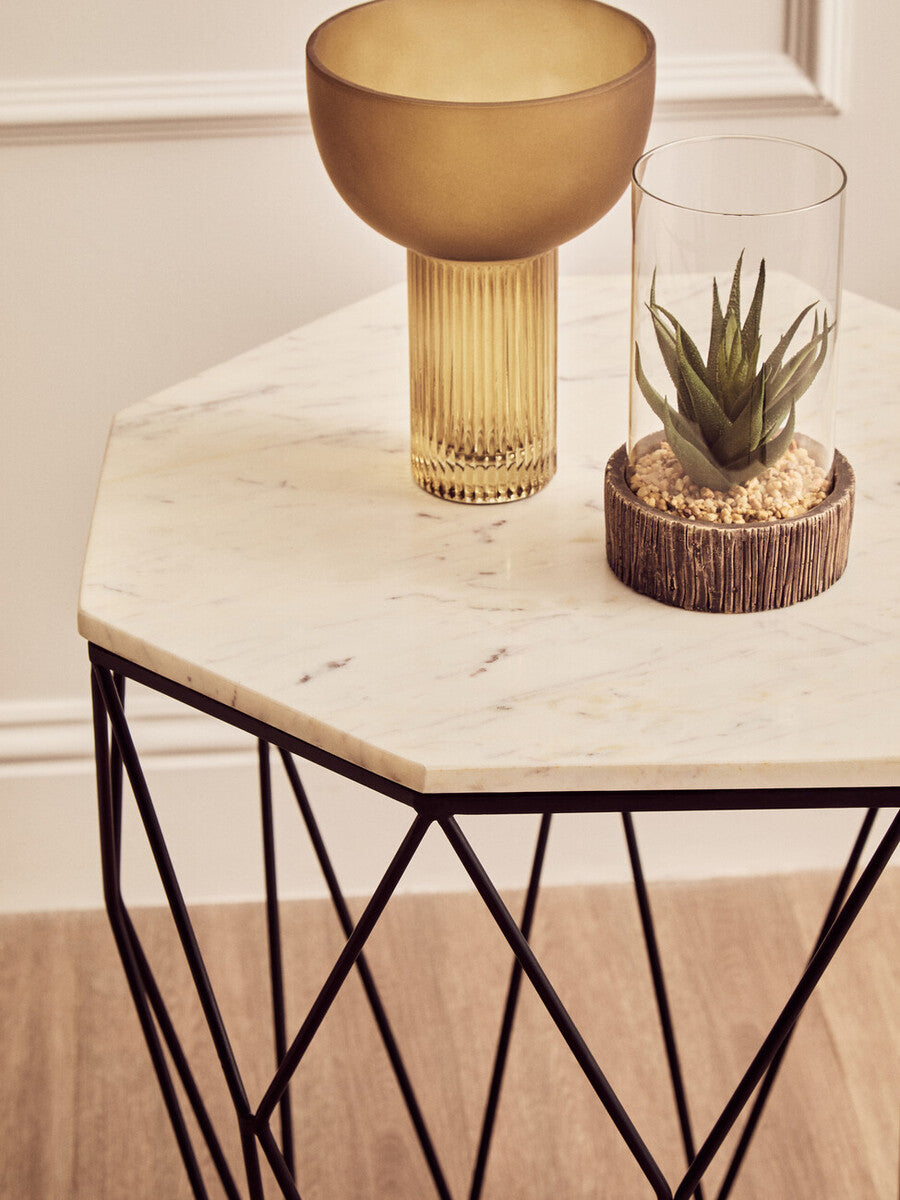 Natural White Octagon Marble Top & Matte Black Steel Legs Side Table, Shalimar