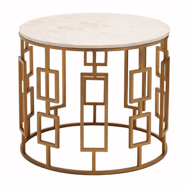 White Marble Top Side Table With Gold Geometric Carousel Frame, Shalimar