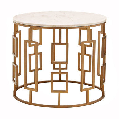 White Marble Top Side Table With Gold Geometric Carousel Frame, Shalimar