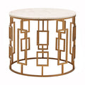 White Marble Top Side Table With Gold Geometric Carousel Frame, Shalimar