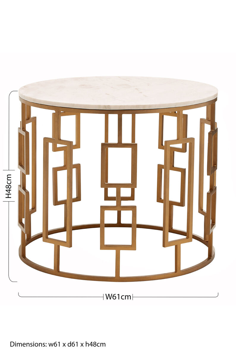 White Marble Top Side Table With Gold Geometric Carousel Frame, Shalimar