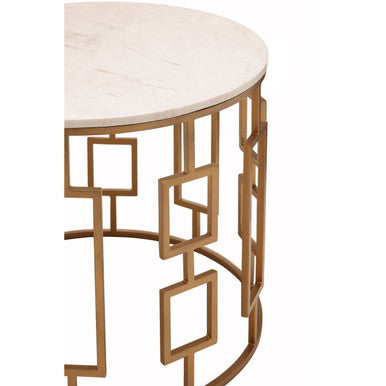 White Marble Top Side Table With Gold Geometric Carousel Frame, Shalimar
