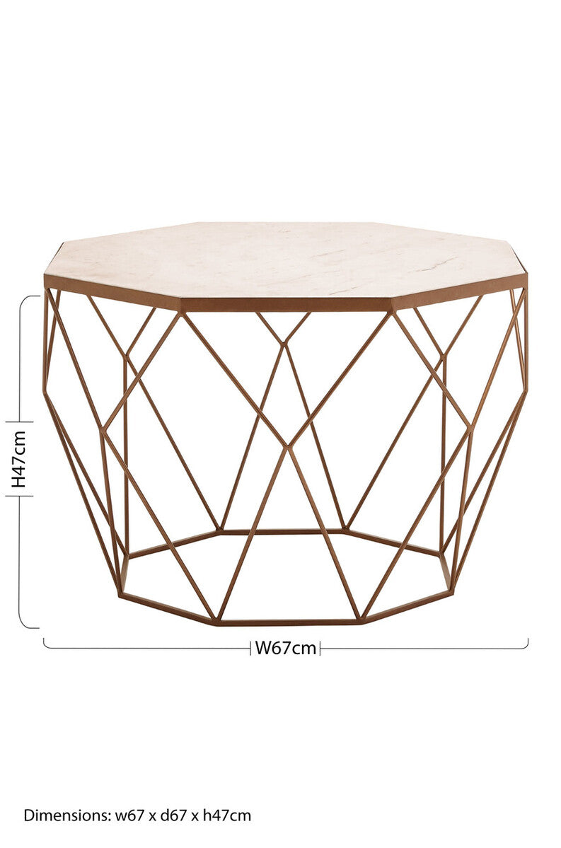 White Octagon Marble Top Coffee Table With Gold Metal Frame, Shalimar