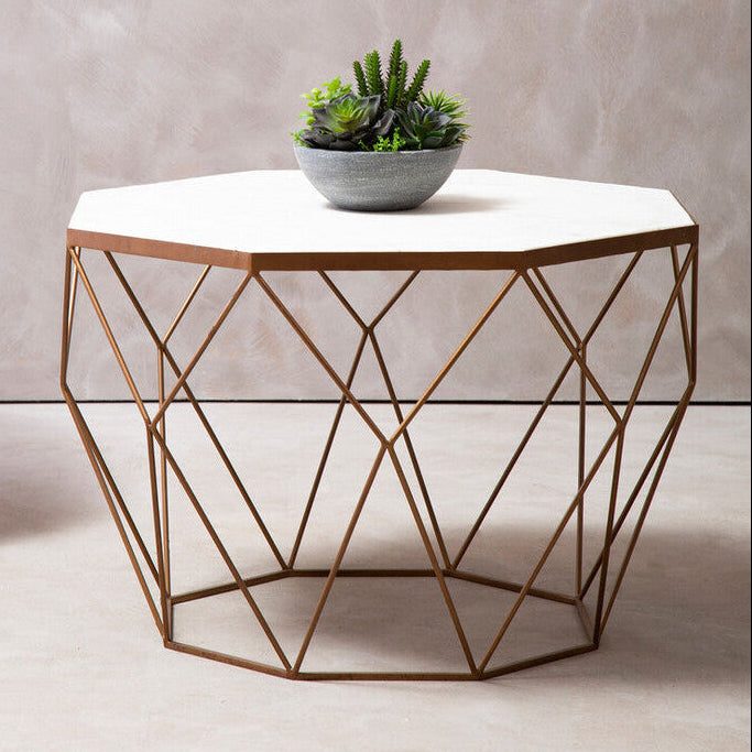 White Octagon Marble Top Coffee Table With Gold Metal Frame, Shalimar