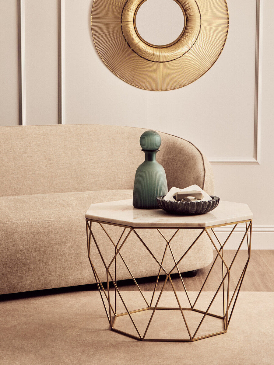 White Octagon Marble Top Coffee Table With Gold Metal Frame, Shalimar