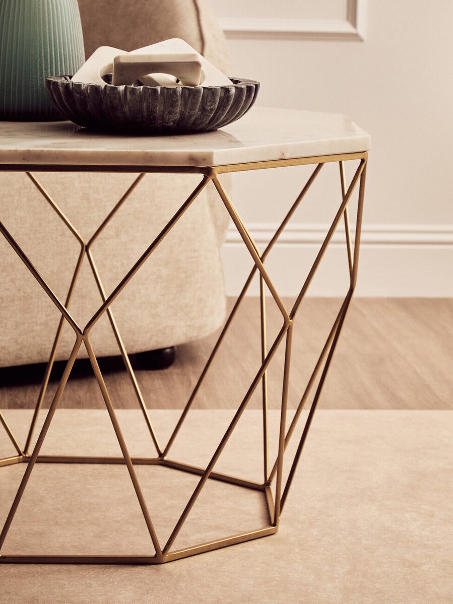 White Octagon Marble Top Coffee Table With Gold Metal Frame, Shalimar