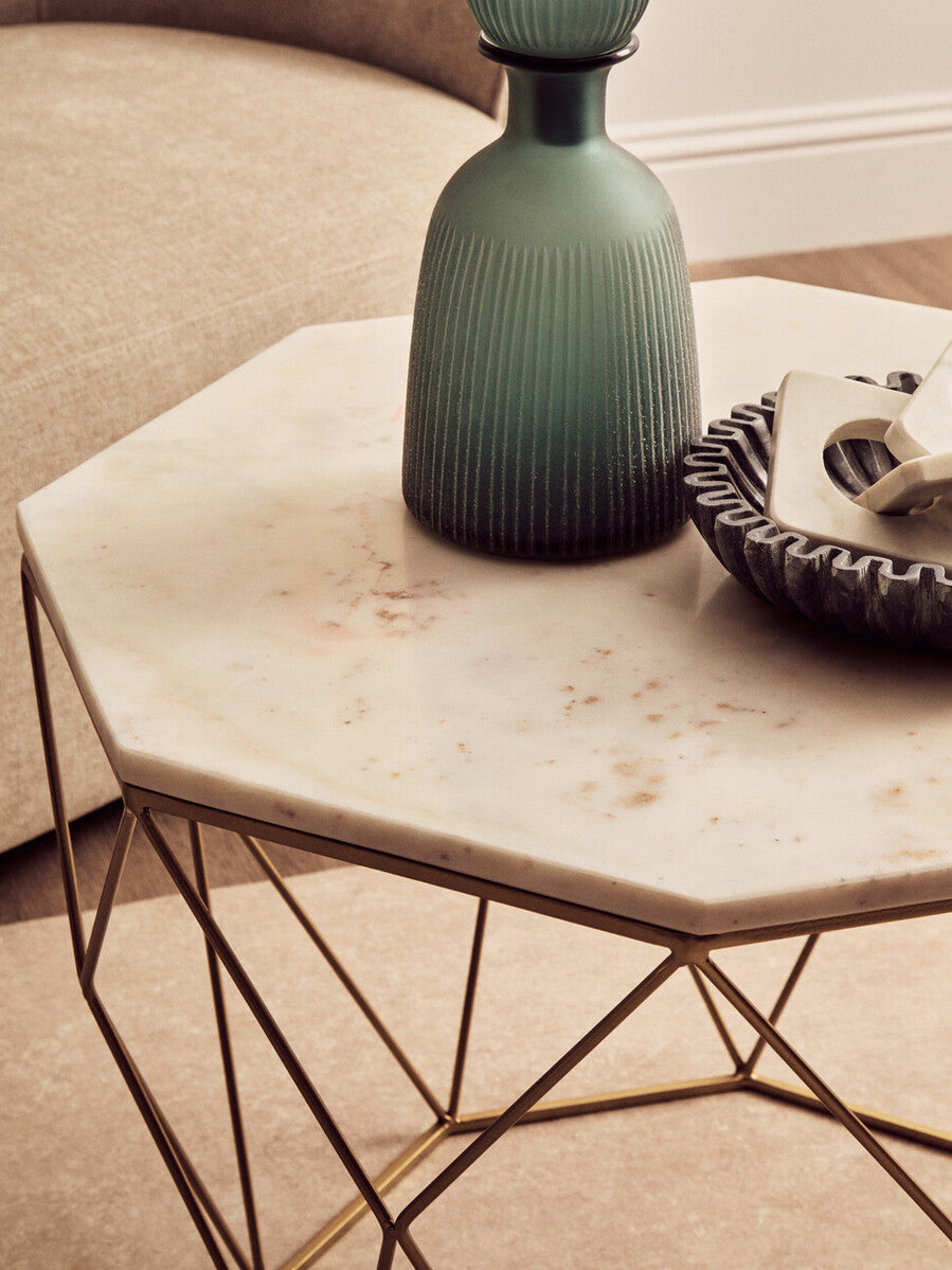 White Octagon Marble Top Coffee Table With Gold Metal Frame, Shalimar
