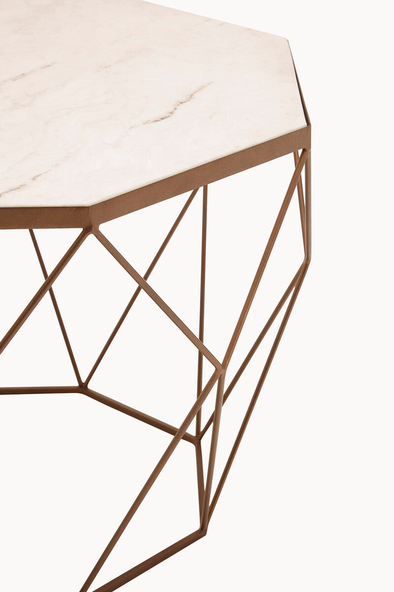 White Octagon Marble Top Coffee Table With Gold Metal Frame, Shalimar