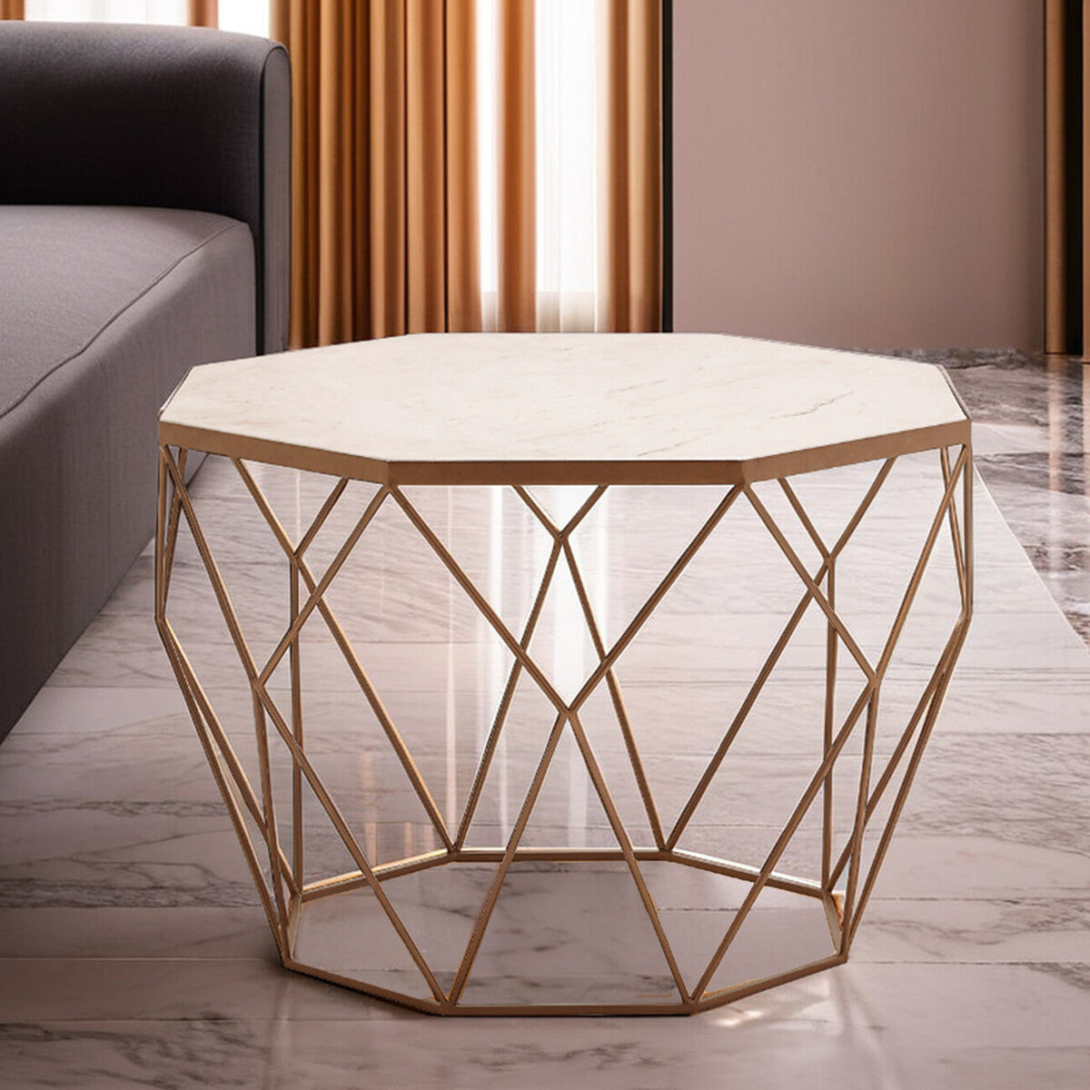 White Octagon Marble Top Coffee Table With Gold Metal Frame, Shalimar