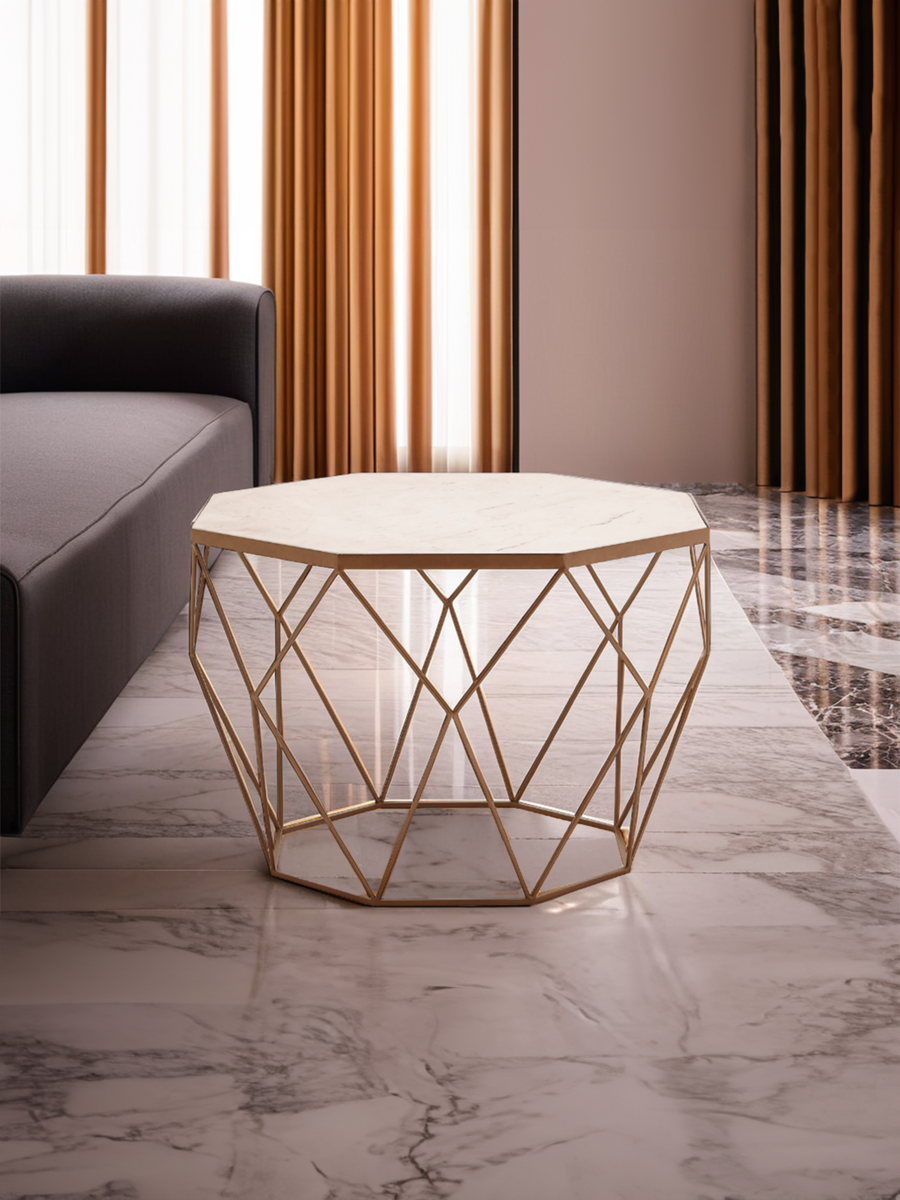 White Octagon Marble Top Coffee Table With Gold Metal Frame, Shalimar
