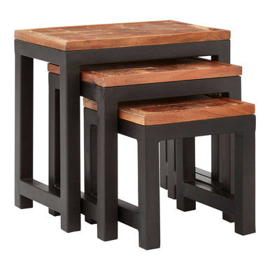 Natural Wood Top Nesting Tables Set Of 3 With Black Metal Legs, Artisan