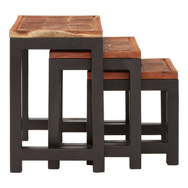 Natural Wood Top Nesting Tables Set Of 3 With Black Metal Legs, Artisan