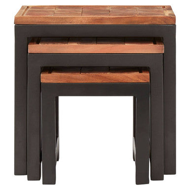 Natural Wood Top Nesting Tables Set Of 3 With Black Metal Legs, Artisan