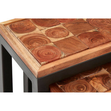 Natural Wood Top Nesting Tables Set Of 3 With Black Metal Legs, Artisan