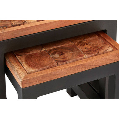 Natural Wood Top Nesting Tables Set Of 3 With Black Metal Legs, Artisan