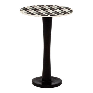 White & Black Two-Tone Geometric Acacia Wood Bar Table With Black Iron Pedestal Base, Artisan