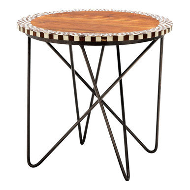 Natural Geometric Acacia Wood Round Side Table With Black Metal Legs, Artisan