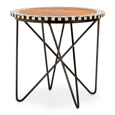 Natural Geometric Acacia Wood Round Side Table With Black Metal Legs, Artisan