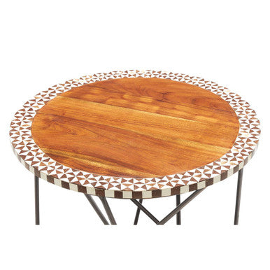 Natural Geometric Acacia Wood Round Side Table With Black Metal Legs, Artisan
