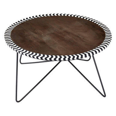 Natural Acacia Wood Coffee Table With Chevron Trim & Black Iron Hairpin Legs, Artisan