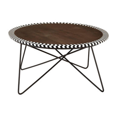 Natural Acacia Wood Coffee Table With Chevron Trim & Black Iron Hairpin Legs, Artisan