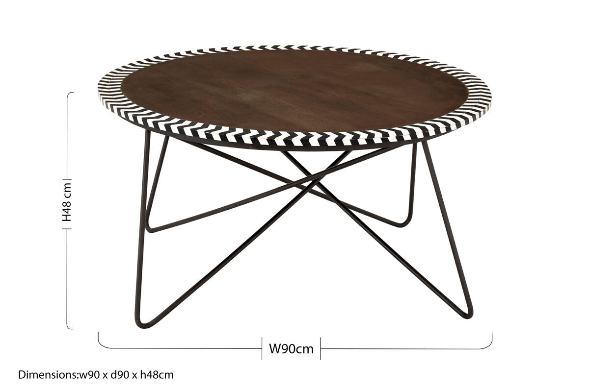 Natural Acacia Wood Coffee Table With Chevron Trim & Black Iron Hairpin Legs, Artisan