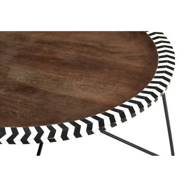 Natural Acacia Wood Coffee Table With Chevron Trim & Black Iron Hairpin Legs, Artisan