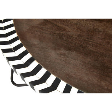 Natural Acacia Wood Coffee Table With Chevron Trim & Black Iron Hairpin Legs, Artisan