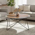 Natural Acacia Wood Coffee Table With Chevron Trim & Black Iron Hairpin Legs, Artisan